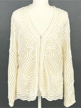 Alexandra Rosati Ivory Sheer Art Deco Soutache Zip Jacket Size 14